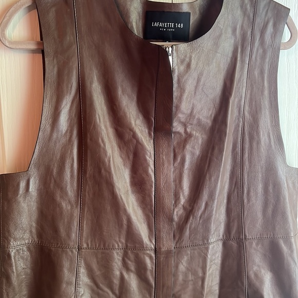 Designer Lafayette 148 New York Brown High Quality Leather Mini Dress - Picture 3 of 10